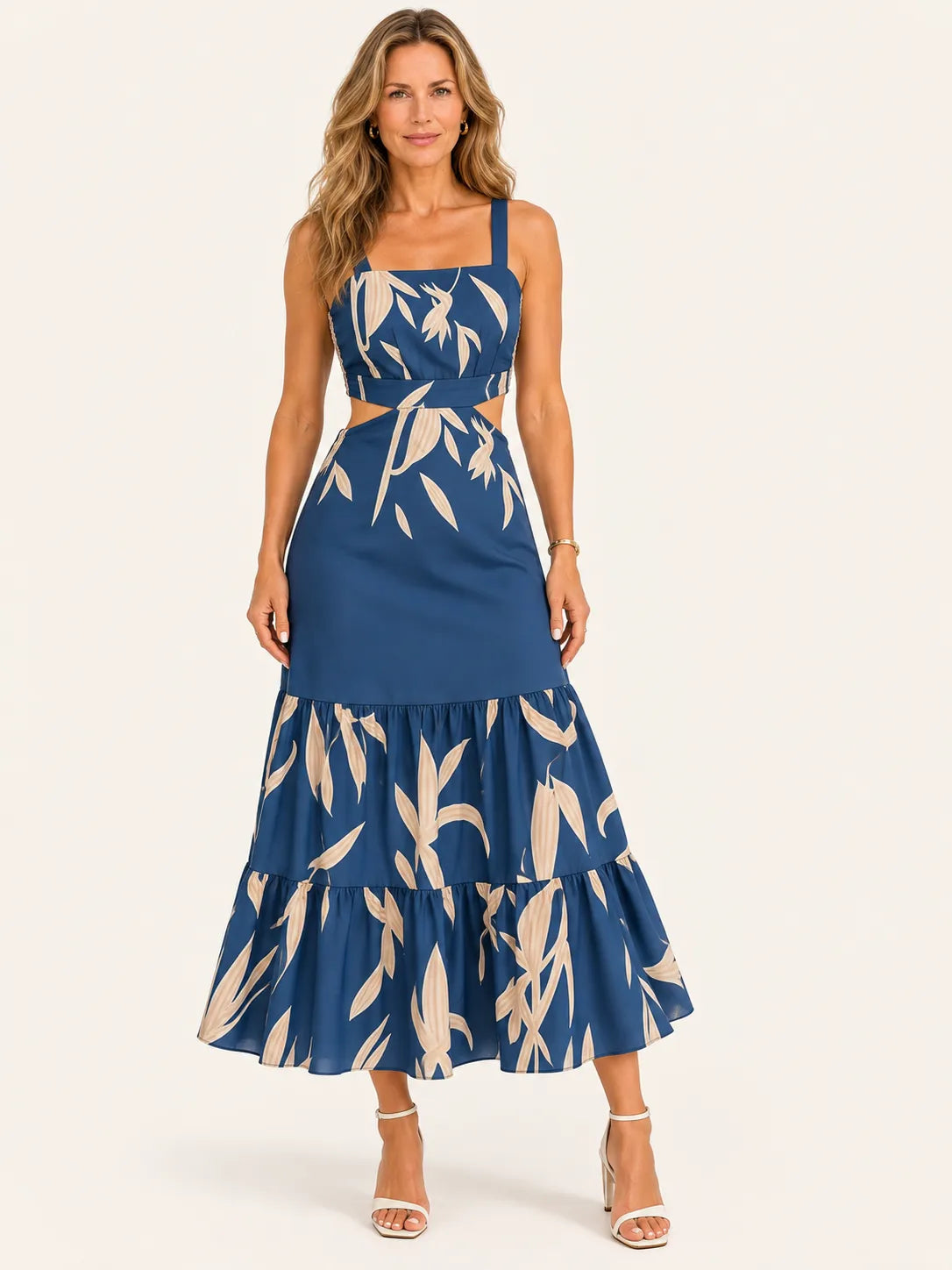 Sienna Blue Leaf Print Midi Dress