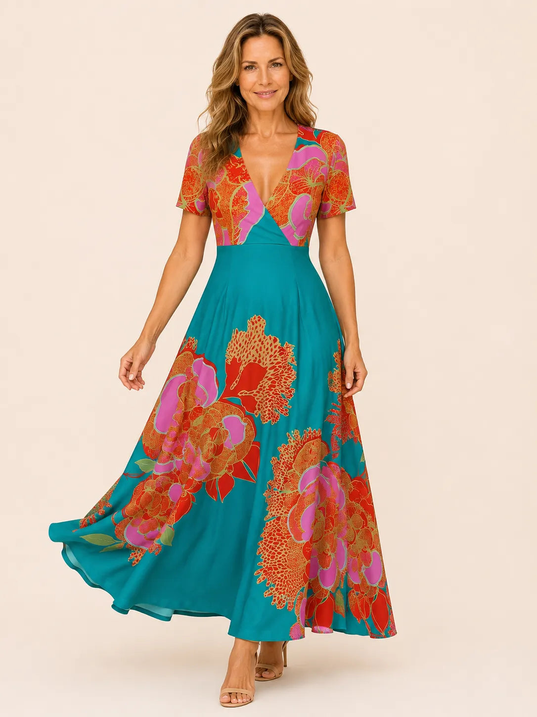 Sofia Lake Blue Floral V-Neck Dress