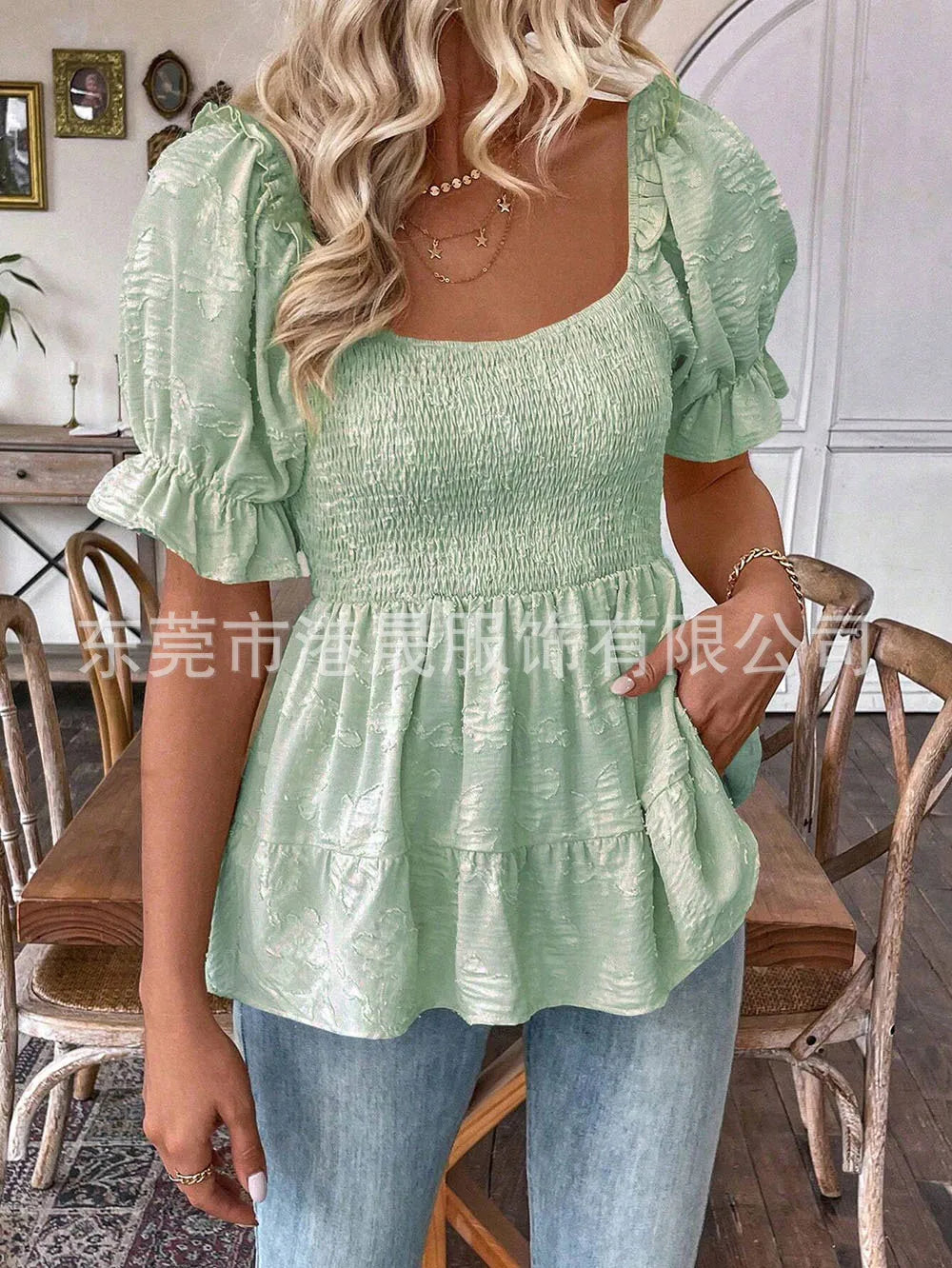 Summer 2026 Women's Pullover Top Square Neck Bubble Sleeves Waist Cinching Sweet Elegant Style New Arrival