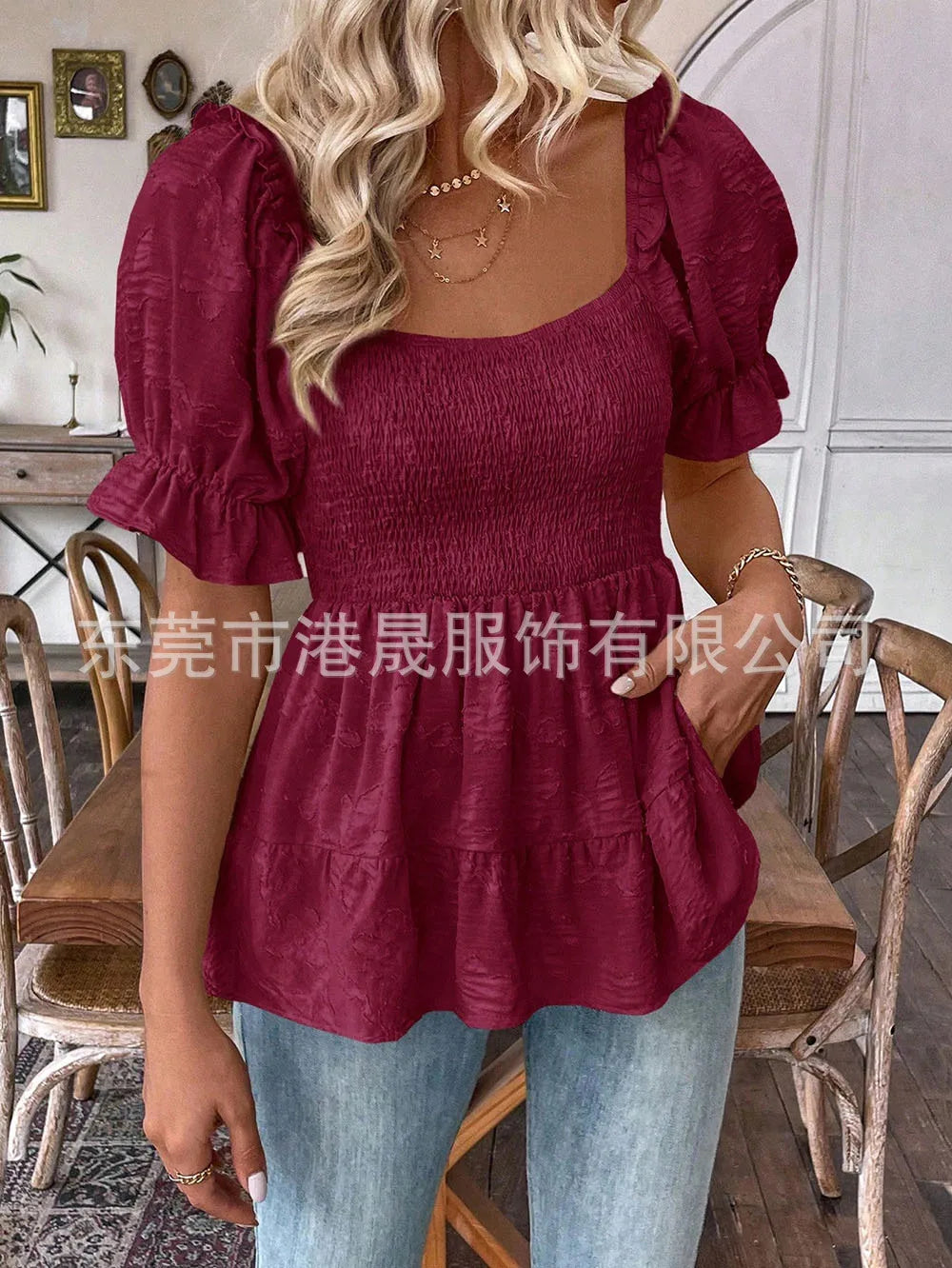 Summer 2026 Women's Pullover Top Square Neck Bubble Sleeves Waist Cinching Sweet Elegant Style New Arrival