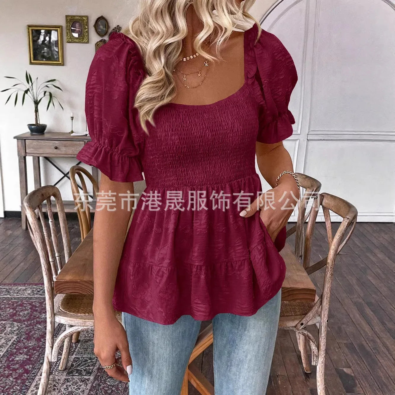 Summer 2026 Women's Pullover Top Square Neck Bubble Sleeves Waist Cinching Sweet Elegant Style New Arrival
