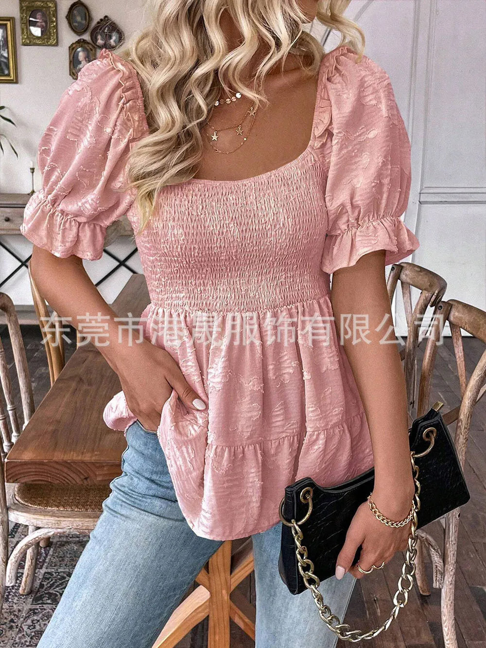 Summer 2026 Women's Pullover Top Square Neck Bubble Sleeves Waist Cinching Sweet Elegant Style New Arrival