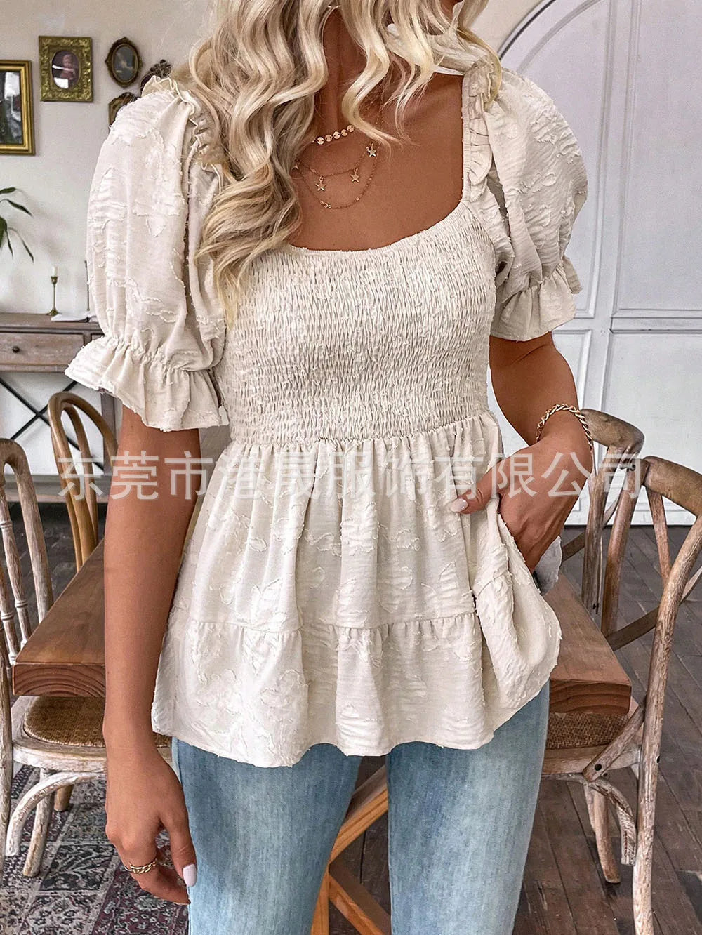 Summer 2026 Women's Pullover Top Square Neck Bubble Sleeves Waist Cinching Sweet Elegant Style New Arrival