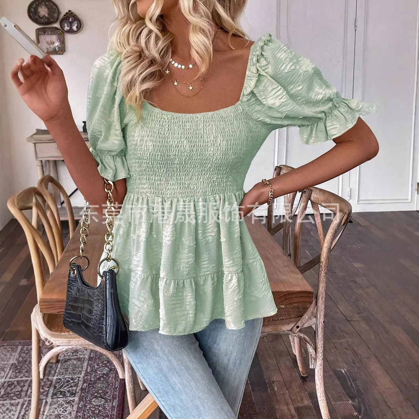 Summer 2026 Women's Pullover Top Square Neck Bubble Sleeves Waist Cinching Sweet Elegant Style New Arrival