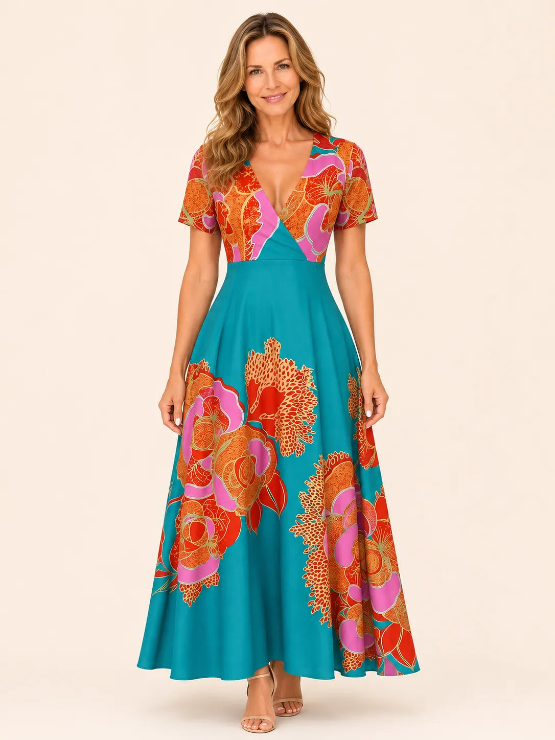 Sofia Lake Blue Floral V-Neck Dress