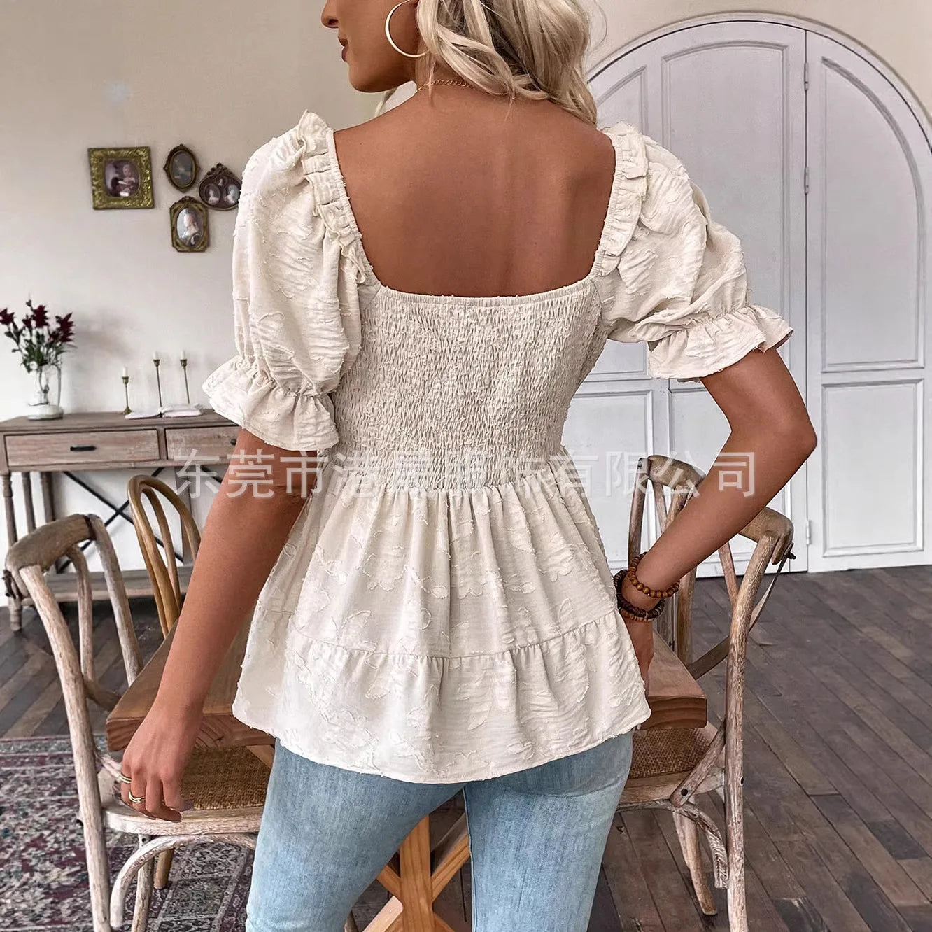 Summer 2026 Women's Pullover Top Square Neck Bubble Sleeves Waist Cinching Sweet Elegant Style New Arrival
