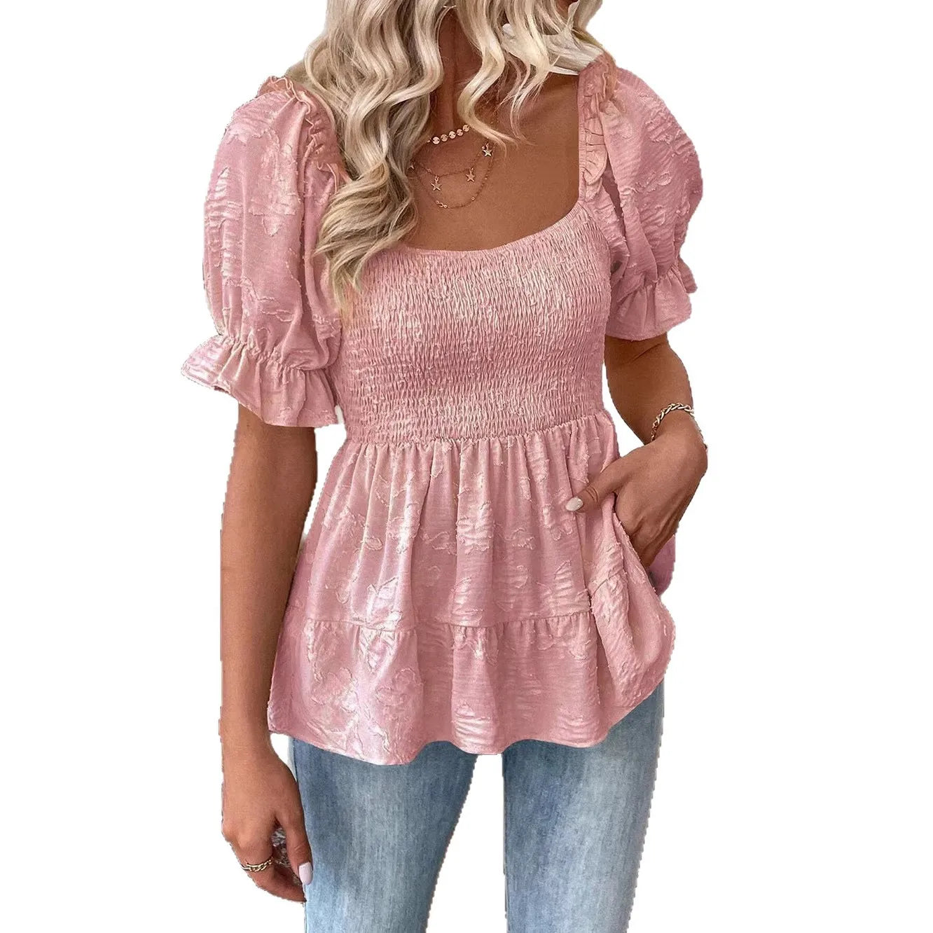 Summer 2026 Women's Pullover Top Square Neck Bubble Sleeves Waist Cinching Sweet Elegant Style New Arrival
