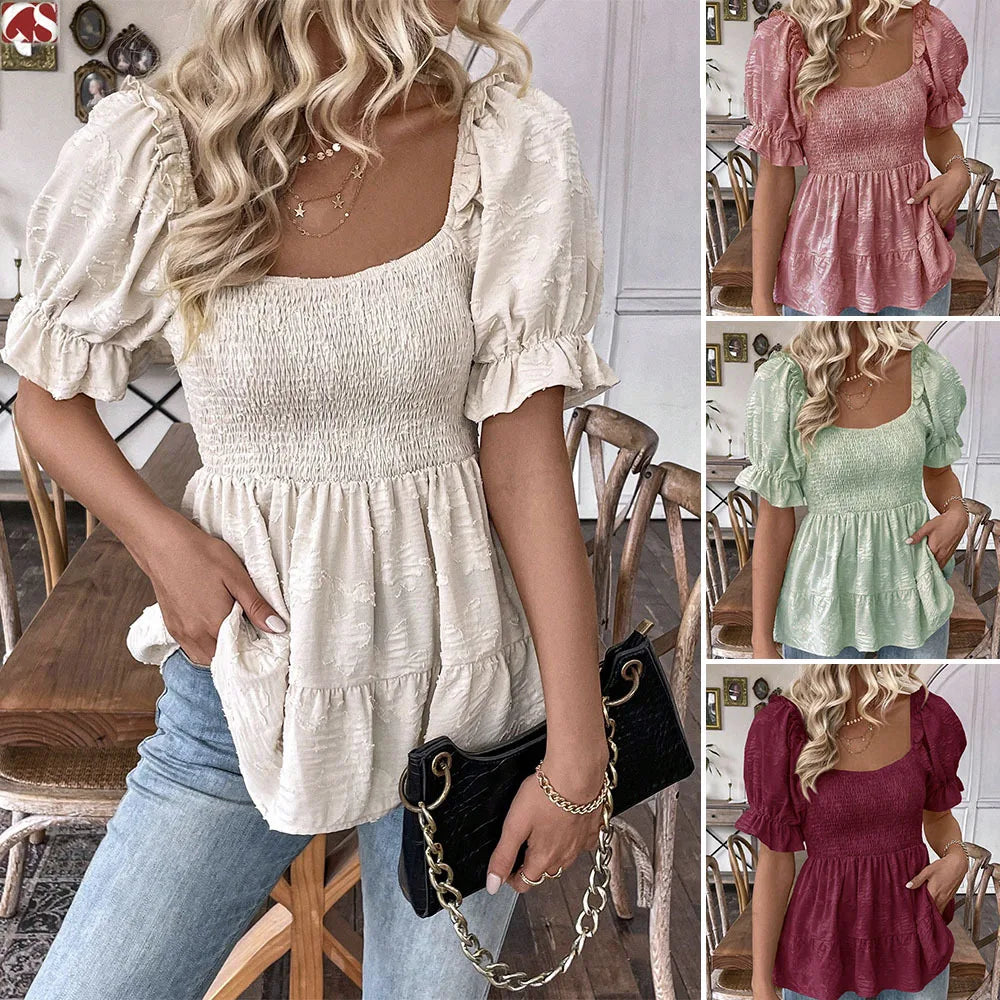 Summer 2026 Women's Pullover Top Square Neck Bubble Sleeves Waist Cinching Sweet Elegant Style New Arrival