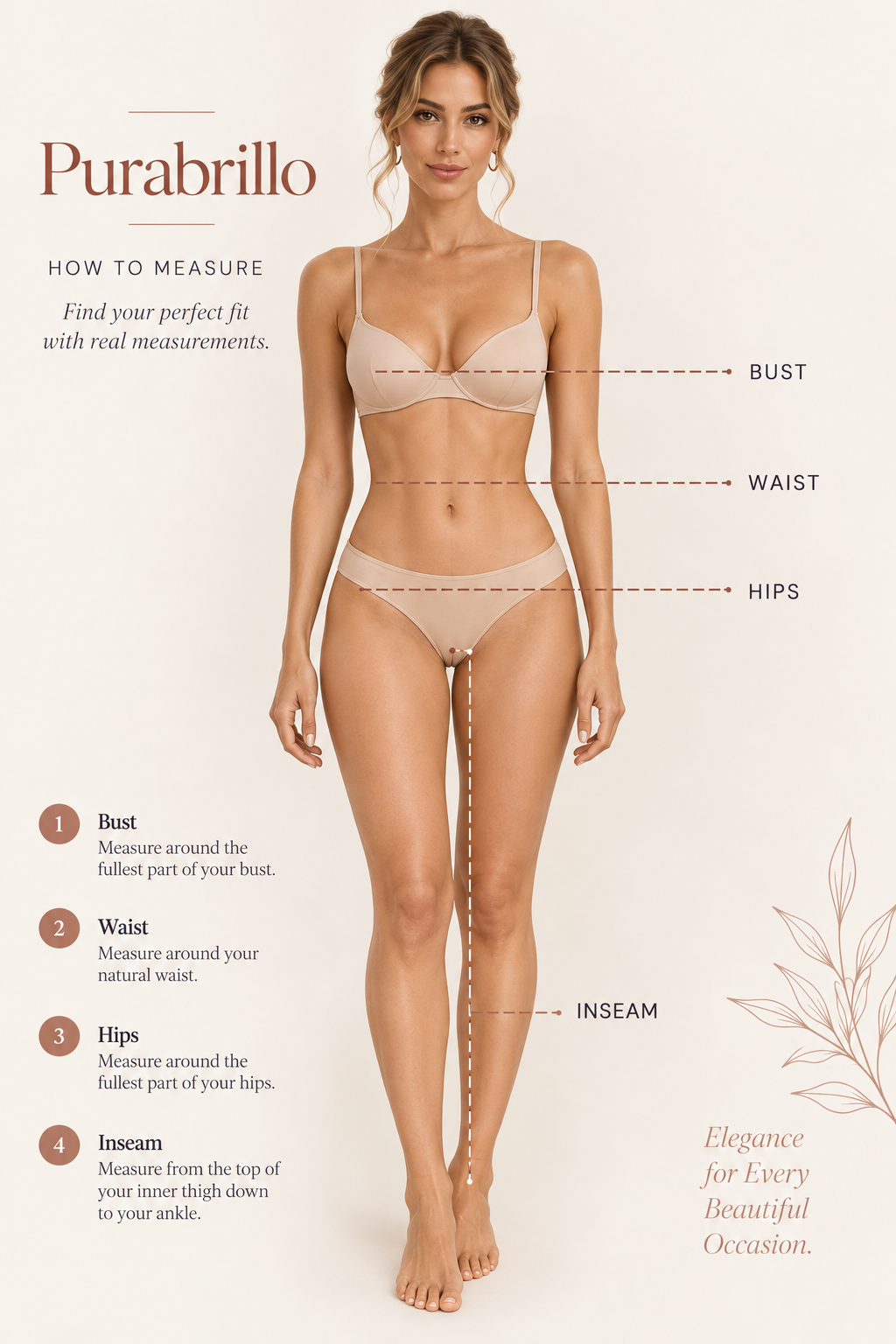 Model measurement guide showing bust, waist, hips and inseam